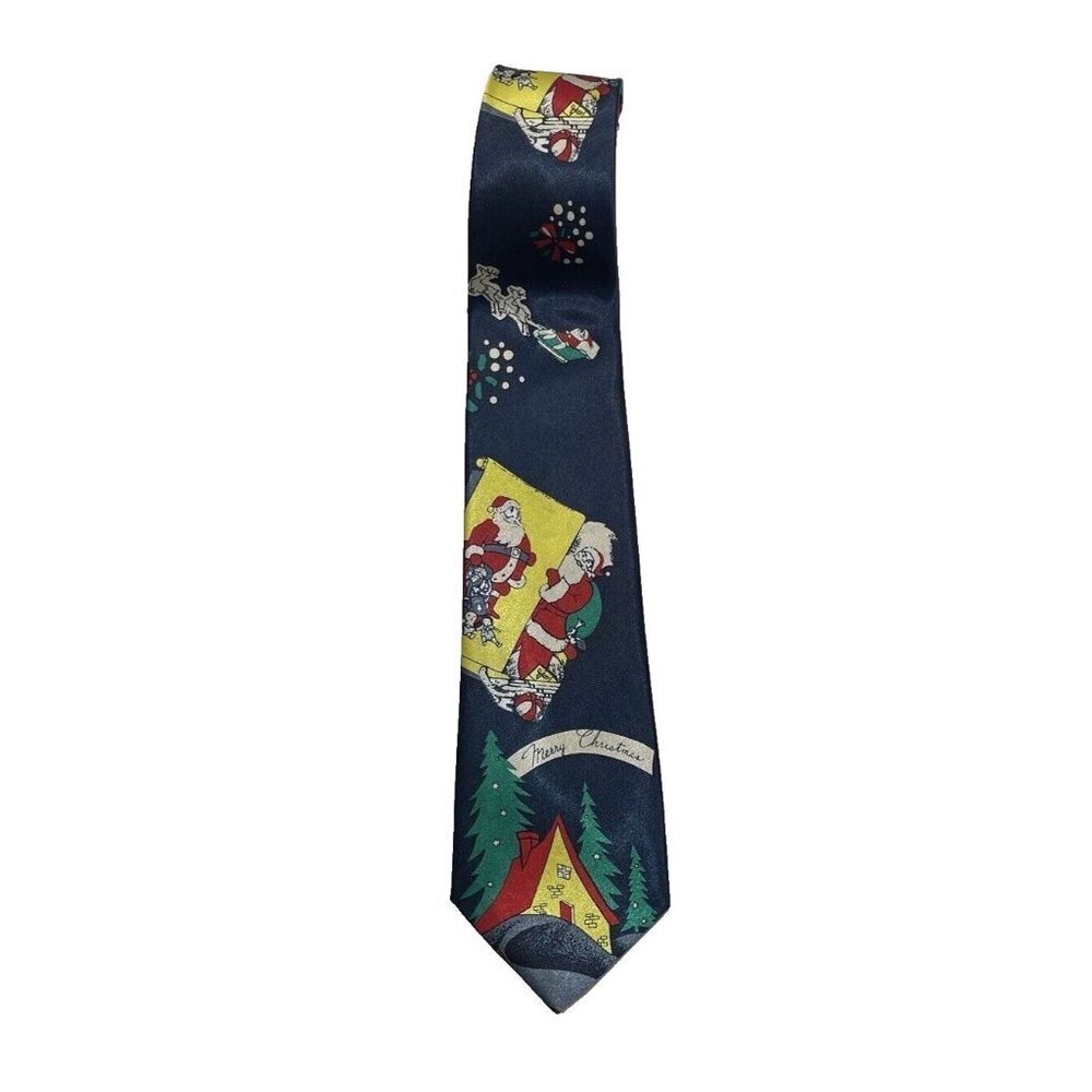 CARLO CHEGA Imported Silk Christmas Tie Blue Multi Men's 3.75" Santa‎ Parties